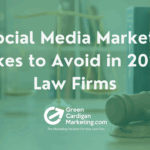 Gavel and legal books behind headline text about social media marketing mistakes for law firms in 2025